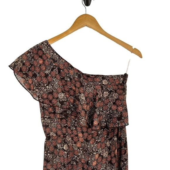 Nasty Gal Womens One on One Floral Jumpsuit Sz 2 Brown One Shoulder Side Slits - Picture 4 of 10